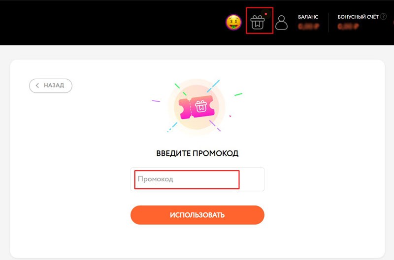 Окно активации промокода